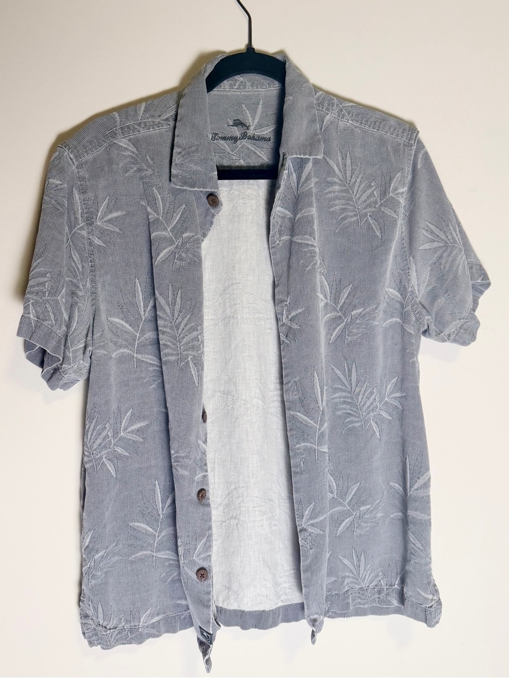 Tommy Bahama 100% Silk Light Gray Palm-Print Camp Shirt